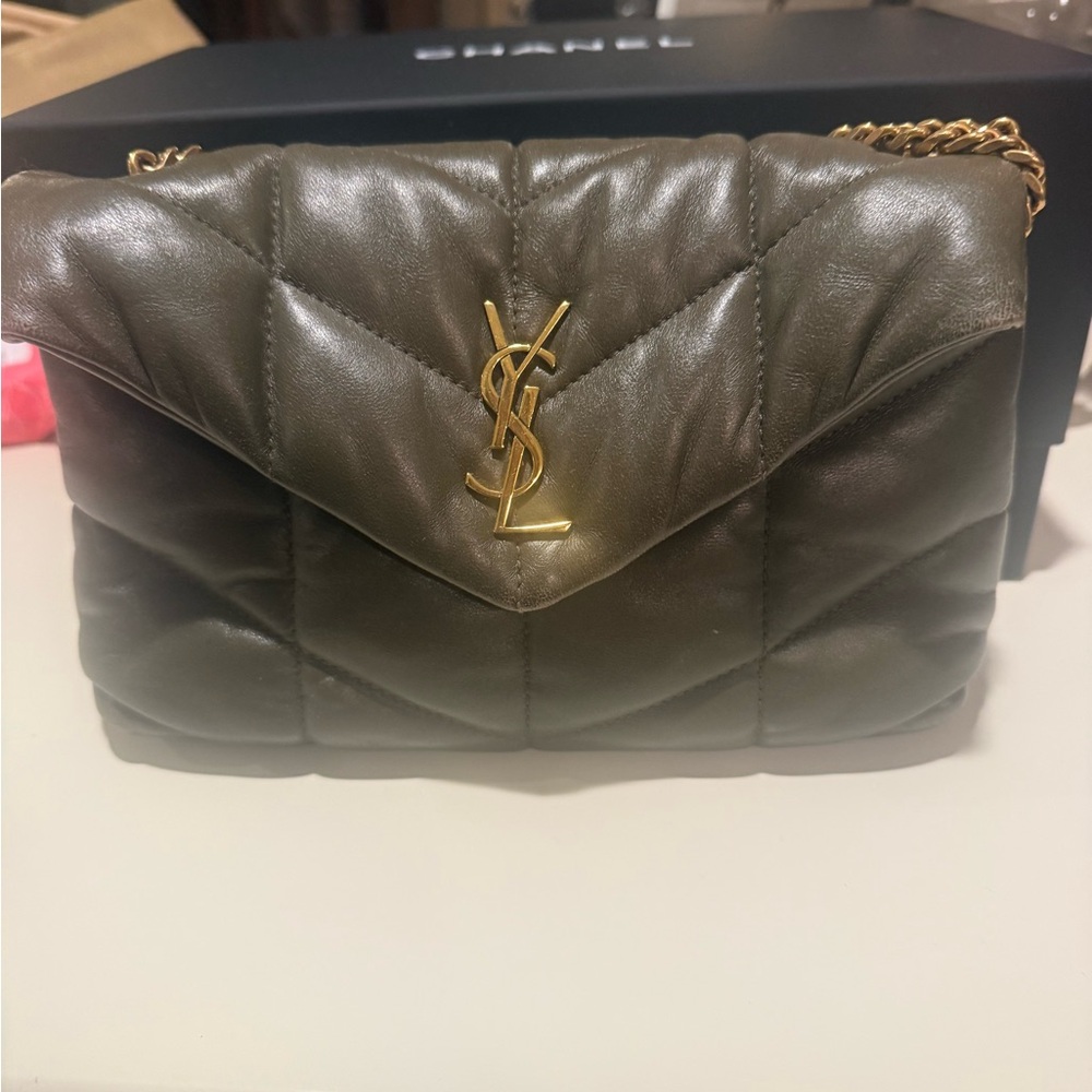 Saint Laurent Olive Green Quilted Leather Crossbody with Gold YSL